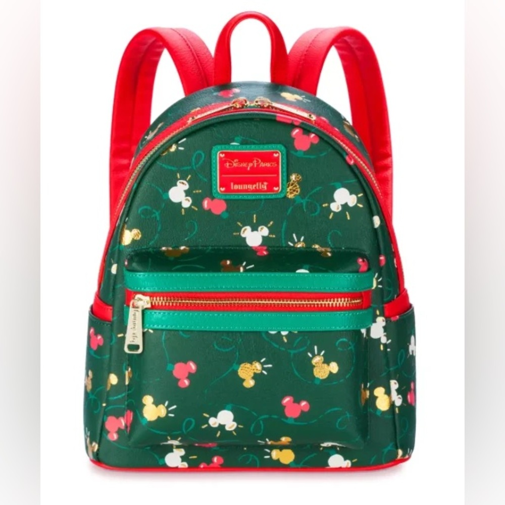 Loungefly Green and Red Disney Parks Mickey Ear Pattern Mini Backpack